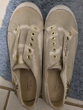 Coach Metallic Gold Canvas Slip-On Sneakers with Gold Eyelets